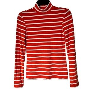 Orange Mock Neck Ribbed Top Size Small Lightweight Long Sleeve Shirt Striped EUC